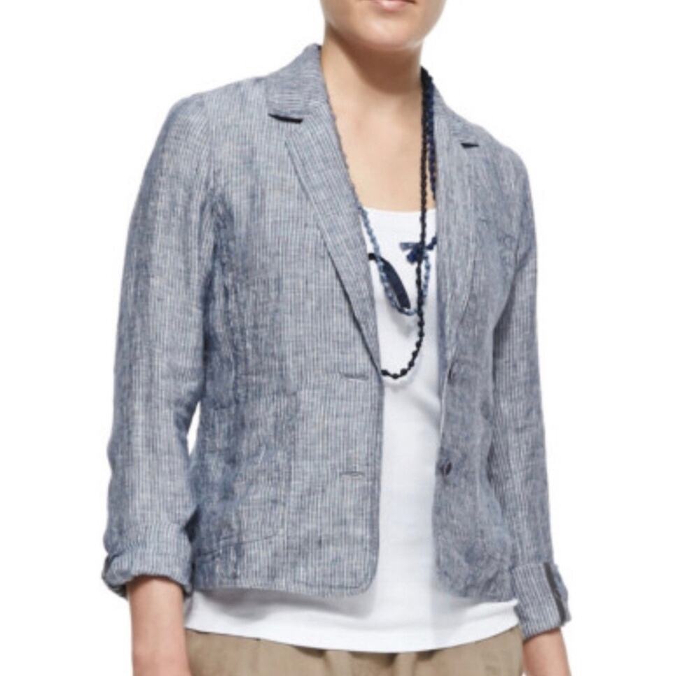 Eileen Fisher Women's Blue Linen Chambray Striped Blazer | Size Medium